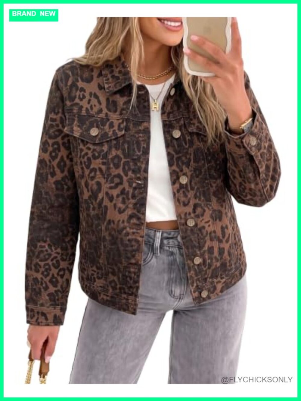 Leopard Cheetah Print Denim Trucker Jacket Women Cropped Button Up